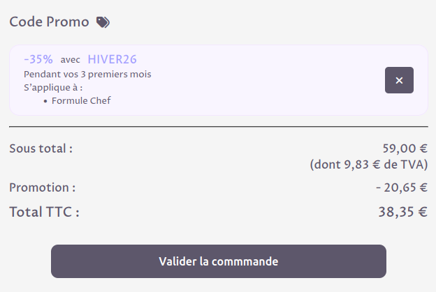 capute d'écran du panier d'un apprenant ajoutant un code promo lui permettant de
			bénéficier de 35% de réduction sur sa commande