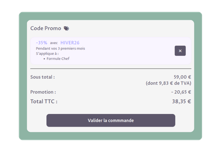 capute d'écran du panier d'un apprenant ajoutant un code promo lui permettant de
			bénéficier de 35% de réduction sur sa commande