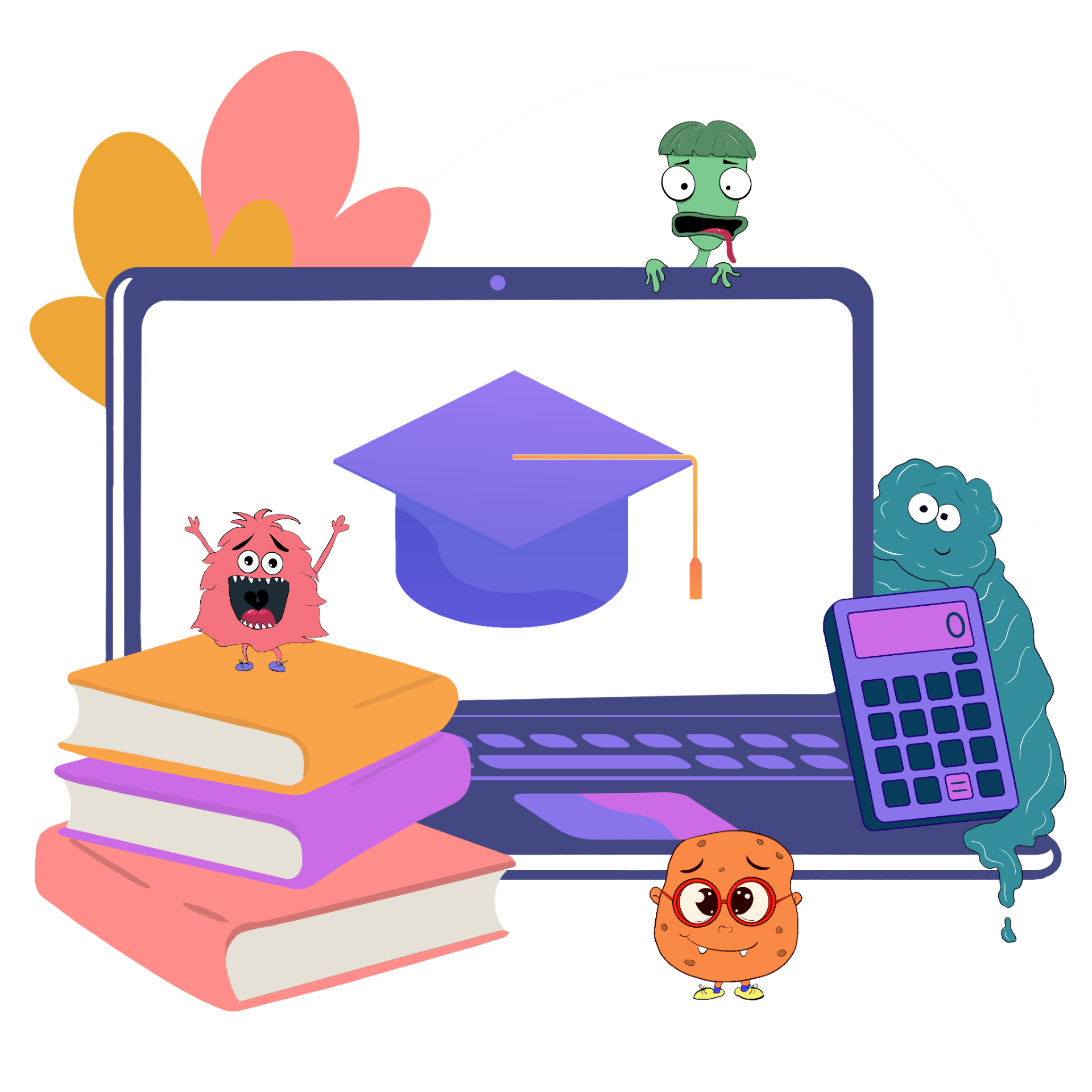 Dessin d'un écran d'ordinateur, deux livres, une calculatrice et un crayon