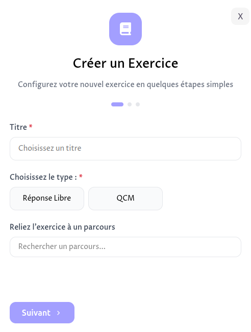 capture d'écran de la modale créer un exercice